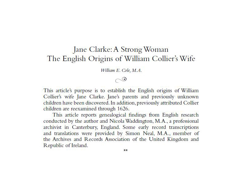 Jane Clarke: A Strong Woman. The English Origins of William Collier’s Wife